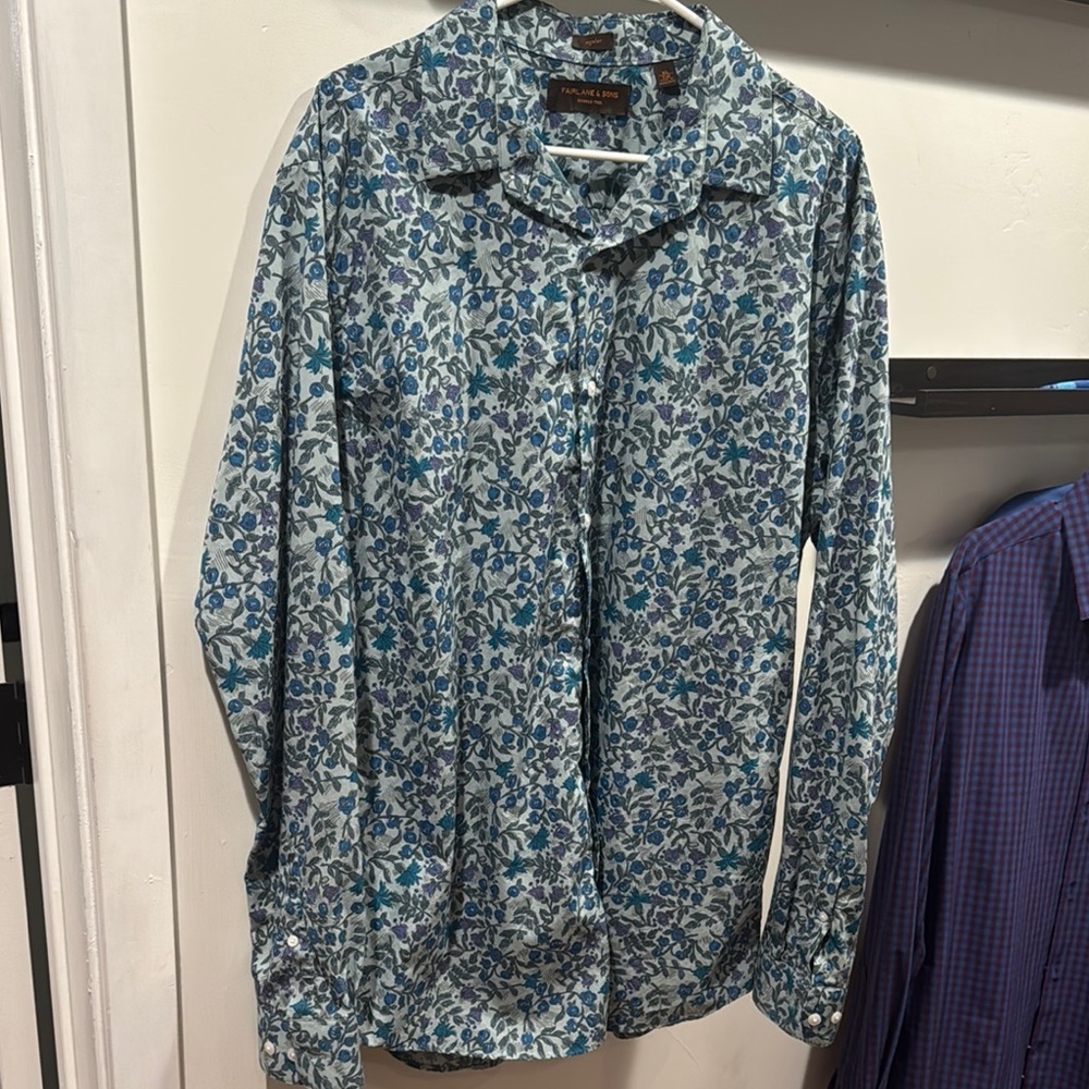 Blue Casual Button Down Shirt with Intricate Pattern